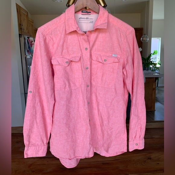 Eddie Bauer Tops - Eddie Bauer Pink Vented Long Sleeve Shirt Button-Down Women's Sz M Cotton Linen